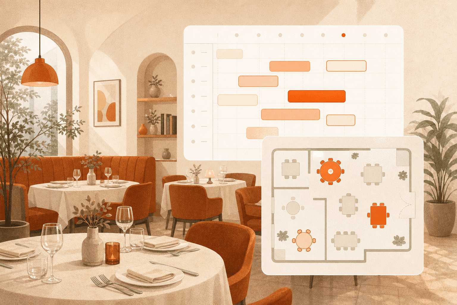 Restaurant dining room with table reservation scheduling